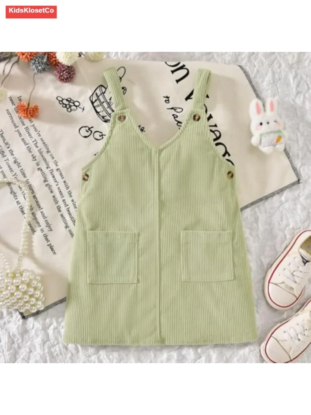 Toddler Girl V-Neck Corduroy Pinafore Overall Dress & Short Sleeve T-Shirt Set